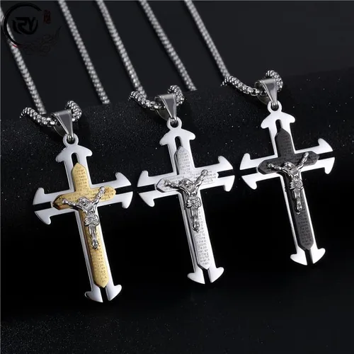 Vista 2 de Collar con colgante de cruz de oración del Señor de acero inoxidable con crucifijo de Jesucristo y versículo bíblico para hombresniñosmujeres