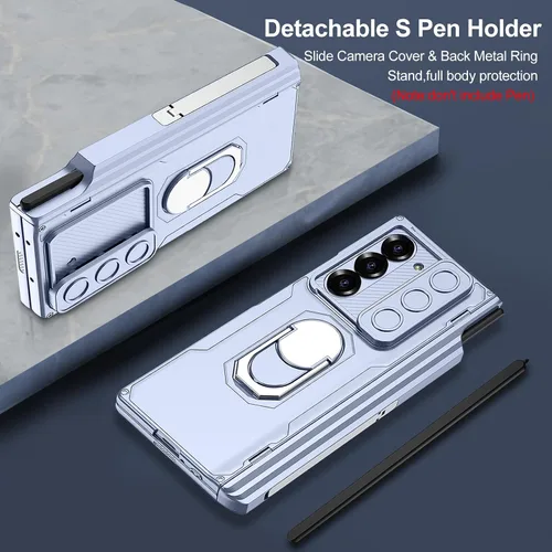 Vista 5 de DOOTOO - Funda para Samsung Galaxy Z Fold 6 con soporte de anillo, Z Fold6 S Pen con soporte y cubierta deslizante para cámara y protector de A-azul