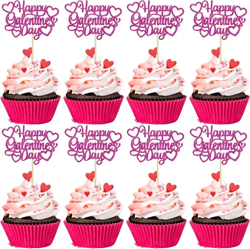 Vista 24 de 24 piezas de decoración de cupcakes con purpurina dorada para el día de San Valentín, temática de San Valentín, fiesta de cumpleaños, suministros