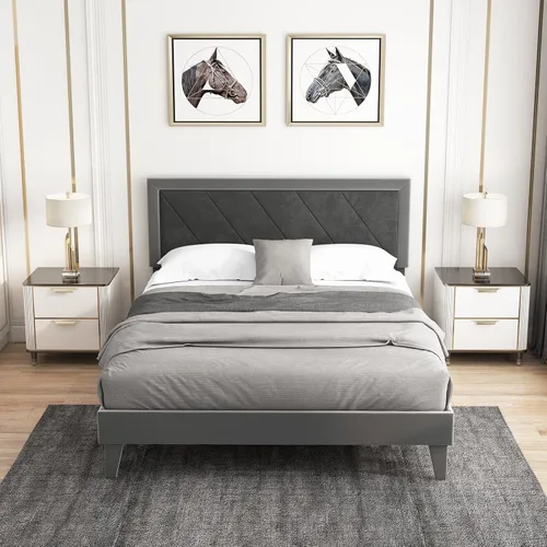 Vista 10 de Giantex Base de cama de terciopelo de tamaño matrimonial con cabecero, moderna plataforma tapizada, base de colchón con 12 listones de madera