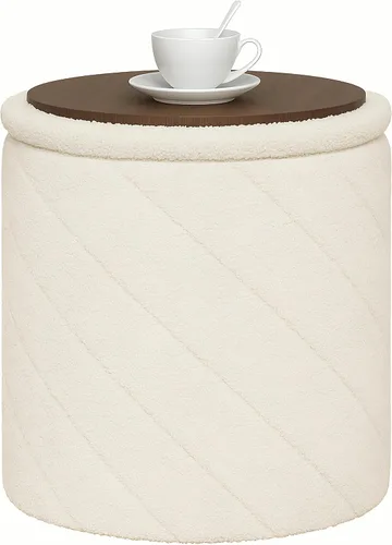 Vista 14 de B FSOBEIIALEO Otomana con almacenamiento, Otomana redonda de almacenamiento de bouclé con bandeja, Taburete reposapiés para dormitorio, Otomana