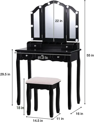 Vista 11 de BLEXA Escritorio negro con espejo y luces, tocador con juego de silla