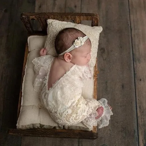 Vista 5 de Traje de fotografía para bebé, traje de encaje para recién nacido, sesión de fotos, diadema de flores, disfraz de princesa