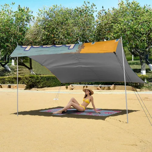 Vista 6 de Póster vintage de playa plegable para playa, protección UPF50+, impermeable, sombra refugio solar con bolsas de arena, pala de arena, postes