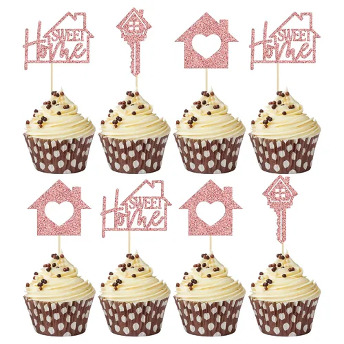 Vista 14 de Gyufise Paquete de 24 adornos para cupcakes Sweet Home con purpurina para inauguración de la casa, para bienvenida, nuevo hogar, fiesta temática