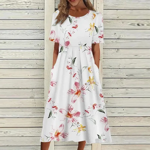 Vista 2 de Vestidos de playa para mujer, vestido de verano 2023, moderno, floral, fluido, fruncido, bohemio, vestido largo casual con bolsillos
