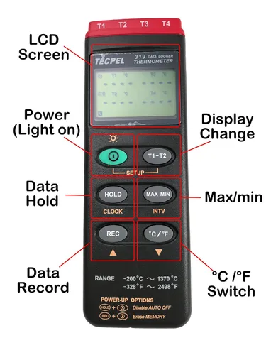Vista 2 de TECPEL DTM-319 Termómetro de registrador de datos de termopar tipo K de cuatro canales fabricado en Taiwán (TPK-01 4 piezas incluidas)