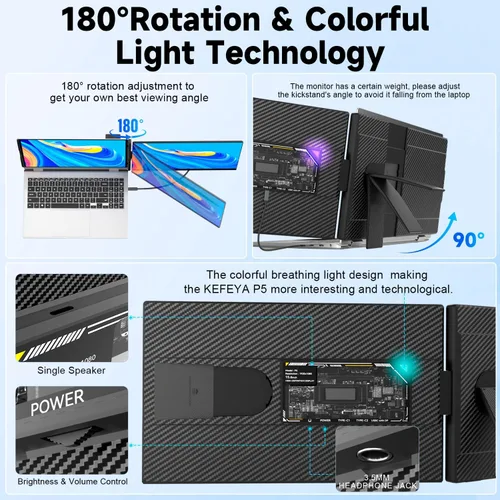 Vista 5 de KEFEYA Extensor de pantalla para laptop, monitor portátil IPS FHD 1080P de 15.6" desmontable, monitor portátil para laptops de 13-17.3" con luz