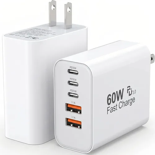 Vista 8 de TZBAY Bloque de carga USB-C de 60 W (paquete de 2), concentrador de carga rápida de 5 puertos (3 USB-C, 2 USB-A), PD 3.0 tipo C Power Brick