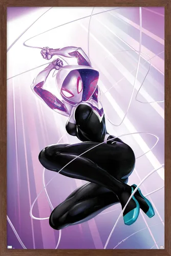 Vista 10 de Marvel Comics Ghost Spider - Póster de pared #1, 22.4 pulgadas de largo x 14.7 pulgadas de ancho, versión enmarcada de madera de granero