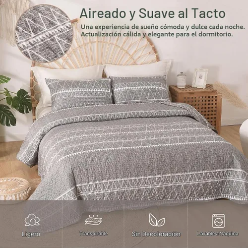 Vista 2 de Lekesky Juego de edredón gris tamaño Queen, 3 piezas (1 edredón + 2 fundas de almohada), edredón bohemio reversible ligero de microfibra suave