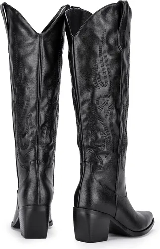 Vista 6 de Pasuot Botas vaqueras occidentales para mujer, botas vaqueras negras hasta la rodilla, pantorrilla ancha con bordado occidental, puntera puntiaguda