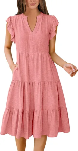 Vista 17 de ANRABESS Vestido de verano para mujer, manga con volantes, cuello en V, vestido midi a la moda, casual, holgado, escalonado, bohemio, playa