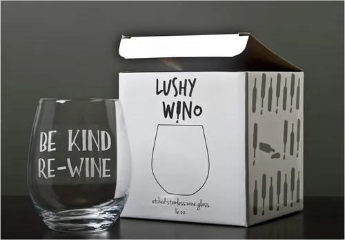 Vista 6 de Lushy Wino Be Kind, Re-Wine - Lindo, novedoso, grabado al agua, copa de vino de 16 onzas sin tallo con frases divertidas en caja de regalo