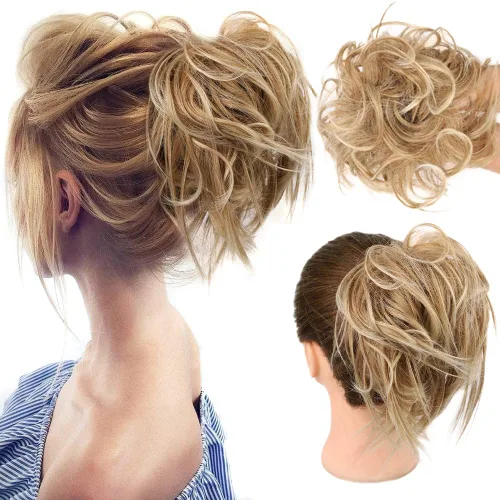 Vista 43 de HMD - Extensiones de cabello tipo chongo alborotado con rodelo despeinado, banda elástica de goma, extensiones de cabello sintético para mujer