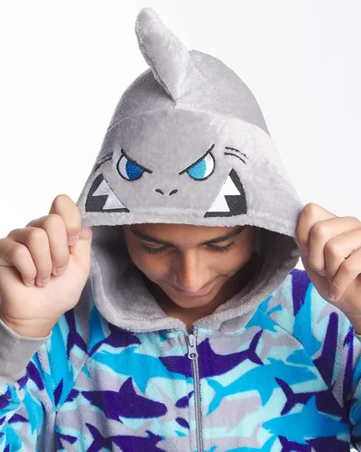 Vista 3 de Disfraz de pijama de una pieza con capucha de forro polar para niños, tiburones, dinosaurio, ninja cíclopes