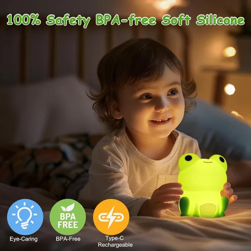 Vista 5 de Lampeez - Luz nocturna de rana para niños, lindos regalos de rana, luz nocturna LED de silicona suave para habitación infantil, decoración
