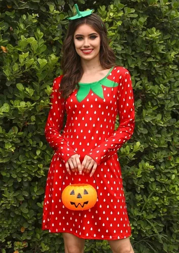 Vista 2 de Spadehill Minivestido de Halloween de manga larga con cuello redondo y bolsillos estampados de frutas para mujer