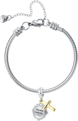 Vista 3 de QeenseKc Colgante de cruz religiosa con versículo bíblico con cita de escritura de oro para pulsera Pandora