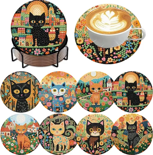 Vista 10 de ijbnhd 8 posavasos de pintura de diamantes de animales, posavasos de arte de diamantes con soporte para principiantes y adultos, suministros