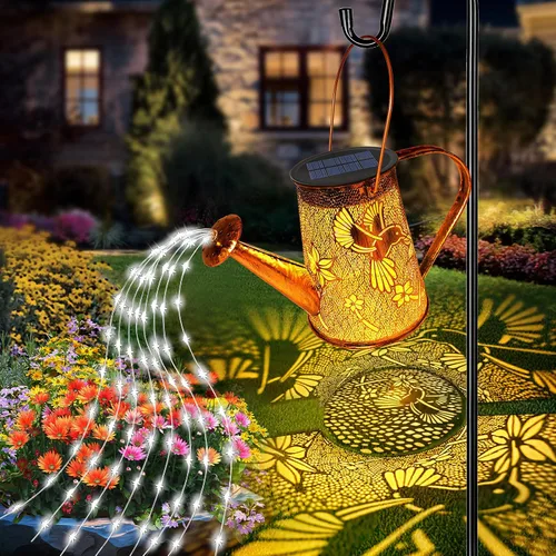 Vista 13 de YJFWAL Regadera solar con luces, regalos únicos para mamá, abuela, mujer, cumpleaños, impermeable, regalos de jardinería, regadera con luces