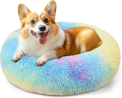 Vista 17 de Hoewina - Cama redonda, calmante, en forma de rosquilla, lavable, esponjosa para interiores, perros y gatos pequeños y medianos, negro, 20 pulgadas