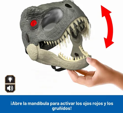 Vista 3 de Mattel Jurassic World Rebirth T-Rex Rage N Roar Máscara con ojos LED que se iluminan, acción de parpadeo con efecto de agresión de 3 niveles