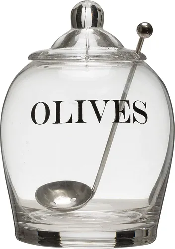 Vista 6 de Creative Co-Op Tarro de cristal transparente "OLIVE" con tapa y cuchara ranurada de acero inoxidable (juego de 3 piezas, incluye tapa)