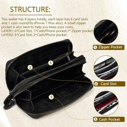Vista 3 de LUUFAN Billetera larga de cuero genuino para hombre, cartera plegable grabada