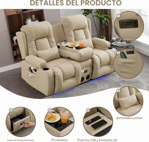 Vista 5 de TUNYI - Sofá reclinable de dos plazas con masaje y calor