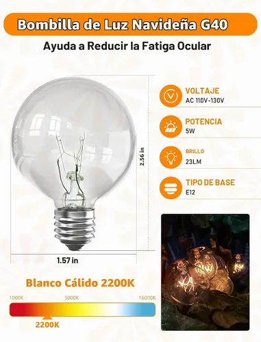 Vista 2 de Abeja Bombillas de repuesto G40, bombilla de globo transparente de 5 W que se adapta a enchufes de base de tornillo de candelabro E12/C7, bombillas