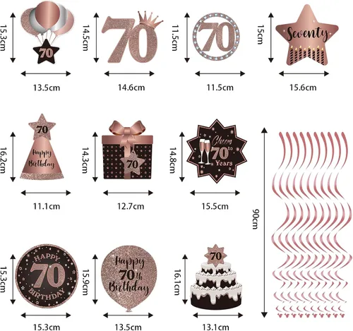 Vista 3 de Decoración de techo de remolinos colgantes para fiesta de 70 años, 70 remolinos colgantes de papel de aluminio con recortes para 70 años de edad