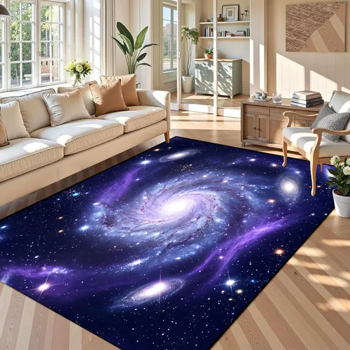 Vista 26 de Alfombra galaxia de 2 x 3 pies para habitación de niños, alfombra de cielo estrellado de pelo bajo, antideslizante, lavable, alfombra nebulosa