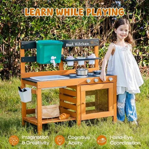 Vista 3 de ROBUD Cocina de Barro para Niños al Aire Libre, Cocina de Juego de Madera al Aire Libre, Cocina de Barro para Niños con Fregadero y Grifo