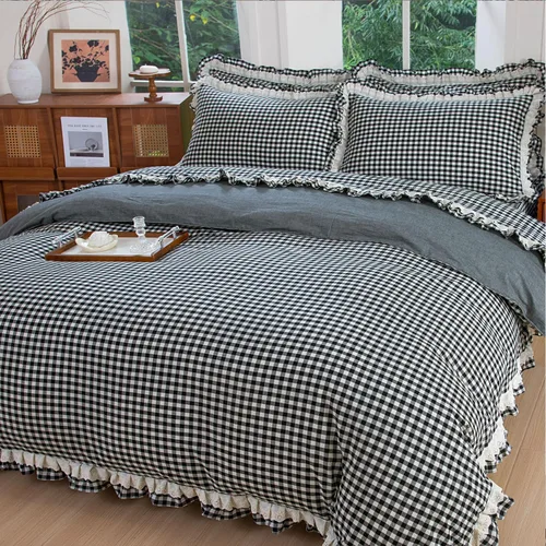 Vista 8 de FADFAY Twin 100% Washed Cotton Black & White Gingham Ruffle Duvet Cover Set Soft, Breathable, Crisp, Hidden Zipper Closure, 8 Corner Ties