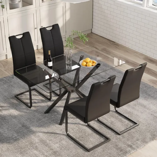 Vista 14 de 5-Piece 47" Dining Table with 4 PU Leather Chairs, Modern Dining Table Set for 4, Rectangle Black Top Kitchen Table with Black Metal Legs for Dining