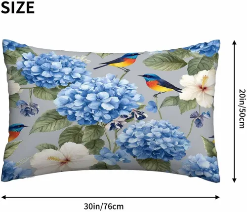 Vista 4 de Mugod Fundas de almohada decorativas para el hogar, diseño de flores de hibisco en acuarela azul, iris y pájaro, funda de cojín rectangular oblonga