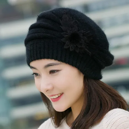 Vista 3 de Sombreros de invierno para mujer, sombreros de punto floral, gorros cálidos para mujer, gorras y sombreros forrados de mediana edad y ancianas, ropa