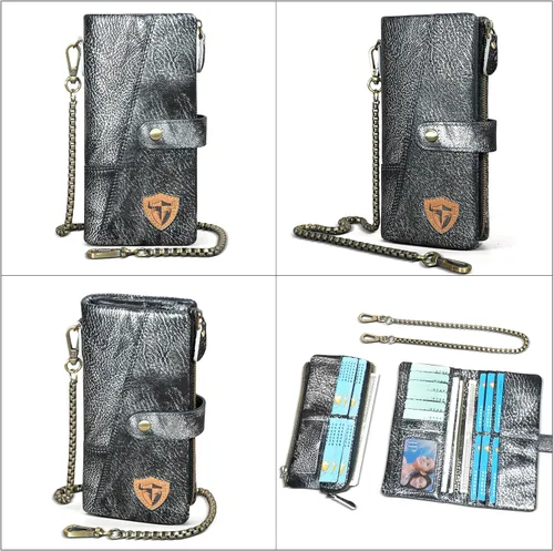 Vista 2 de Genuino caballo loco cuero viaje regalo moneda bolsillo tarjeta caso largo organizador cadena Rfid monedero con broche para hombres hombres 1803