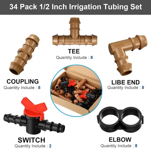 Vista 2 de Kit de accesorios de riego por goteo de 34 piezas, juego de tubos de 1/2 pulgada, 2 interruptores, 8 camisetas, 8 acoplamientos, 8 codos y 8 tapones