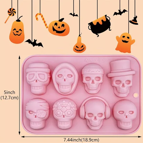Vista 2 de 2 moldes de silicona de calavera de Halloween, 8 cavidades en forma de calavera 3D, moldes decorativos de chocolate para hornear, herramienta