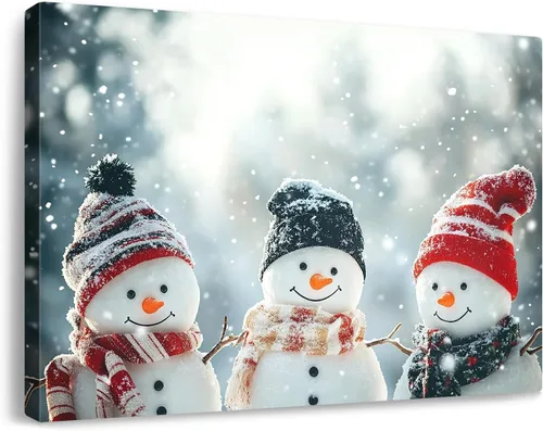 Vista 7 de gaosoul Lienzo de muñeco de nieve navideño para pared, lindo muñeco de nieve en pintura de paisaje nevado, póster navideño para sala de estar