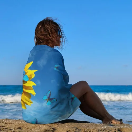 Vista 4 de Toalla de playa con diseño de girasol y mariposa, toalla de baño de calidad de hotel de lujo, para adultos, niños, baño, playa, gimnasio, natación