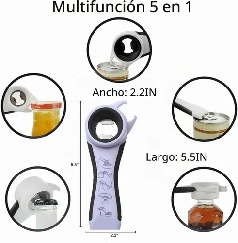 Vista 3 de Abrebotellas con tapas 5 en 1, abrebotellas, ideal para mujeres, niños, personas mayores, herramienta de cocina multiusos, fácil de abrir. Blanco
