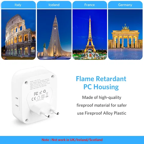 Vista 5 de [Paquete de 2] Adaptador de enchufe de viaje europeo, adaptador de enchufe internacional con USB C de 20 W, 4 tomas de corriente, 3 puertos de carga