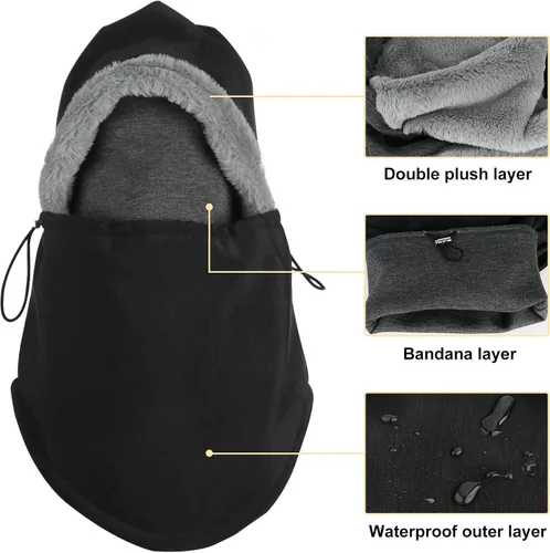 Vista 4 de Balaclava Ski Mask, Face Mask Winter Balaclavas Hoodie Bandana for Men Women,Waterproof Windproof Heavy Fleece Neck Warmer Hat Skiing Hunting Black