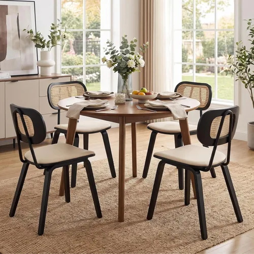 Vista 11 de Juego de 2 sillas de comedor de ratán, asiento de piel sintética Beige/Negro