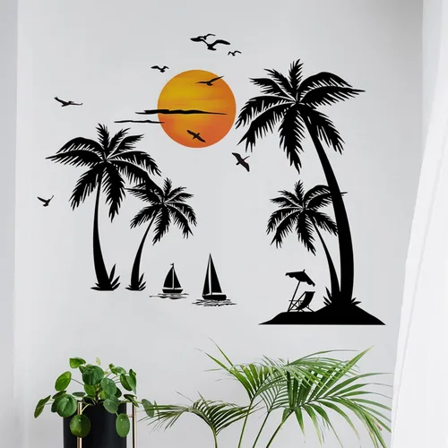 Vista 6 de Calcomanías de pared grandes de palmera negra, calcomanías de pared de pájaros tropicales de cocotero, mural de bosque para dormitorio, sala