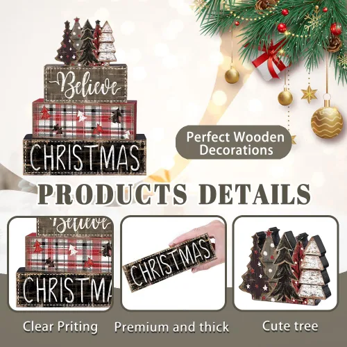 Vista 4 de DIYDEC 4 piezas de decoración de mesa de Navidad, árbol de Navidad, letrero de bloque de madera, decoración de bandeja escalonada de Navidad, pieza