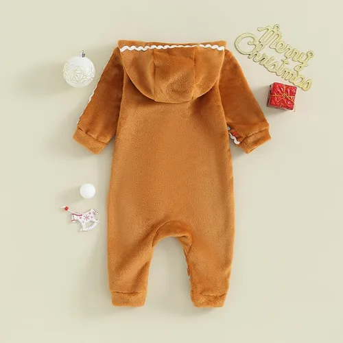 Vista 3 de BULINGNA Disfraz de pan de jengibre para bebé, niño y niña, manga larga, con cremallera, con capucha, traje de Navidad